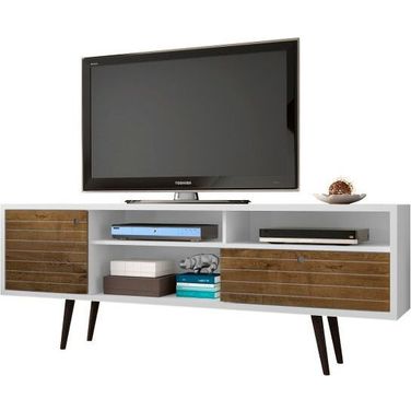 Liberty 70.86 Inch Mid-Century - Modern TV Stand With 4 Shelving Spaces And 1 Drawer In Rustic Brown And White With Solid Wood Legs