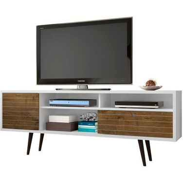 Liberty 70.86 Inch Mid-Century - Modern TV Stand With 4 Shelving Spaces And 1 Drawer In White And Rustic Brown With Solid Wood Legs