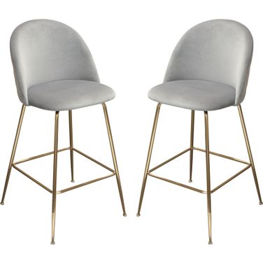 Lilly Set of 2 Bar Height Chairs in Grey Velvet with Brushed Gold Metal Legs