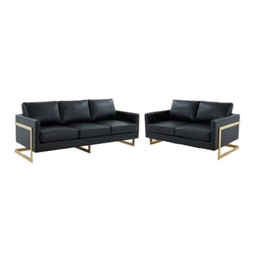 Lincoln Modern Mid-Century Upholstered Leather Living Room Set In Black and Gold