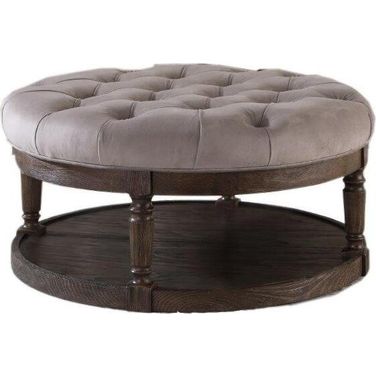 Linen Fabric Upholstered Round Ottoman In Otter And Smoked Rustic Gray