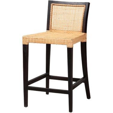 Lingga Mahogany Wood and Natural Rattan Counter Stool In Dark Brown