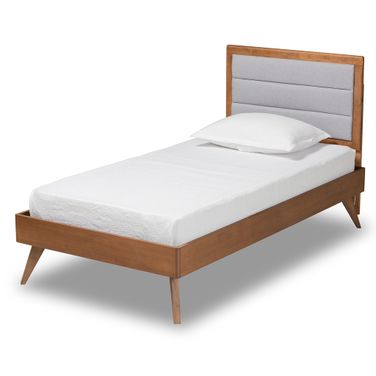 Linn Fabric Upholstered and Wood Twin Platform Bed In Light Grey and Walnut Brown