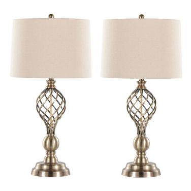 Linx Twist 29 Inch Metal Table Lamp Set of 2 In Antique Soft Brass and White Linen