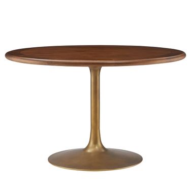 Lippa 48 Inch Round Pedestal Solid Wood Dining Table In Walnut and Brass
