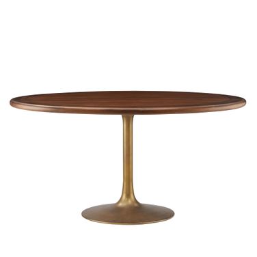 Lippa 60 Inch Round Pedestal Solid Wood and Metal Dining Table In Brass Walnut