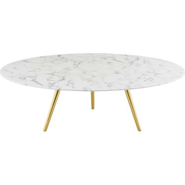 Lippa Gold and White 47 Inch Round Artificial Marble Coffee Table with Tripod Base EEI-3673-GLD-WHI