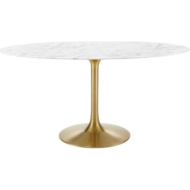 Lippa Gold and White 60 Inch Oval Artificial Marble Dining Table