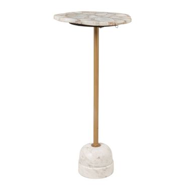 Lisbon Agate and Marble Pedestal Drink Table with Brass Post In White and Natural