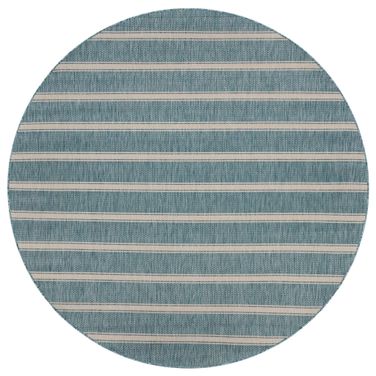 Litus 7'6" Round Tony Striped Outdoor Area Rug In Aqua Blue and Beige