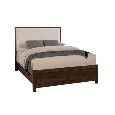 Lodge and Loft King Upholstered Storage Bed In Ivory Cream and Dark Oak