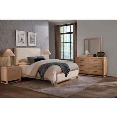 Lodge and Loft Upholstered Bedroom Set In Ivory Cream and Blond Oak