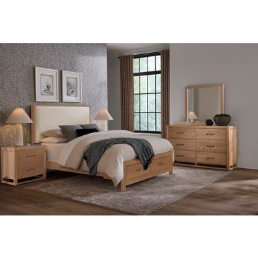 Lodge and Loft Upholstered Storage Bedroom Set In Ivory Cream and Blond Oak