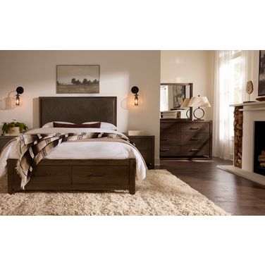 Lodge and Loft Upholstered Storage Bedroom Set In Sedona Brown and Dark Oak