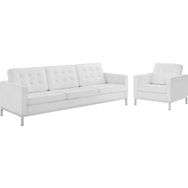Loft Silver and White Tufted Upholstered Faux Leather Sofa and Arm Chair Set