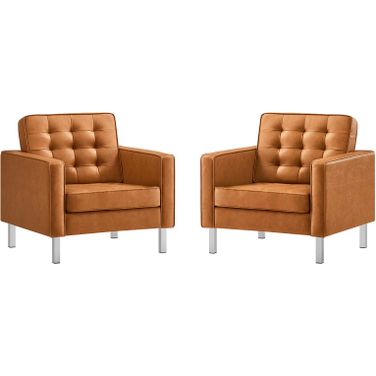 Loft Tufted Upholstered Faux Leather Armchair Set of 2 In Silver/Tan