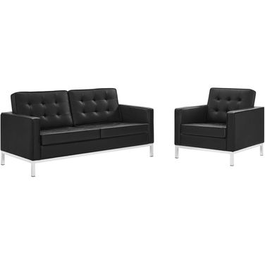 Loft Tufted Upholstered Faux Leather Loveseat and Armchair Set EEI-4102-SLV-BLK-SET
