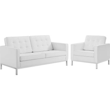 Loft Tufted Upholstered Faux Leather Loveseat and Armchair Set In Silver and Black