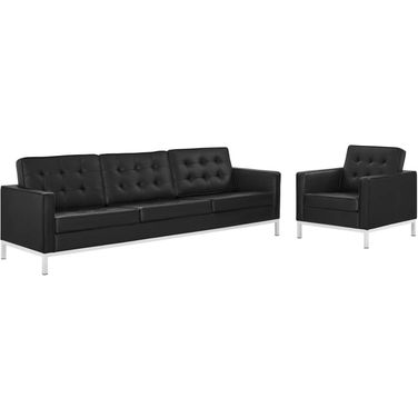 Loft Tufted Upholstered Faux Leather Sofa and Armchair Set
