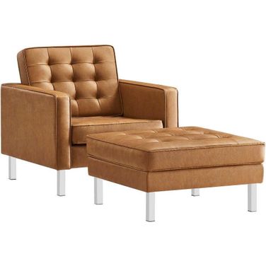 Loft Tufted Vegan Leather Armchair And Ottoman Set In Silver Tan
