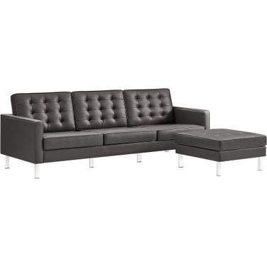 Loft Tufted Vegan Leather Sofa and Ottoman Set In Silver and Gray