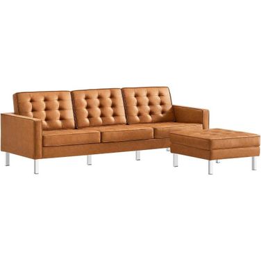 Loft Tufted Vegan Leather Sofa And Ottoman Set In Silver Tan