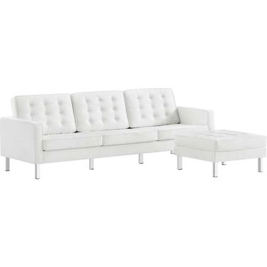 Loft Tufted Vegan Leather Sofa And Ottoman Set In Silver White
