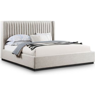 Logan Textured Fabric King Bed In Beige Linen