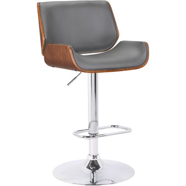 London Gray Faux Leather Adjustable Height Swivel Walnut Wood and Chrome Bar Stool