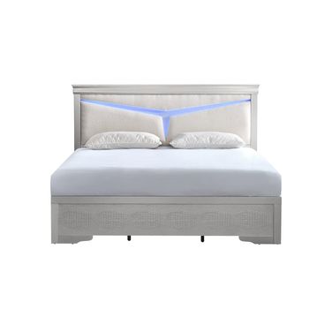Lorana Teddy Fabric LED Queen Bed in Silver Champagne