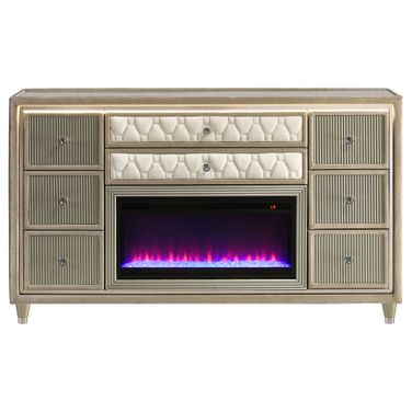 Lorient 8-Drawer LED Bedroom Flame Box Dresser In Ivory and Camel