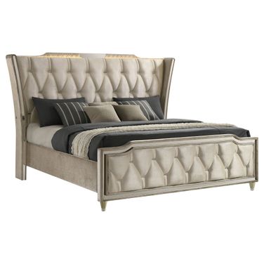 Lorient Queen LED Upholstered Wingback Bed In Ivory and Camel