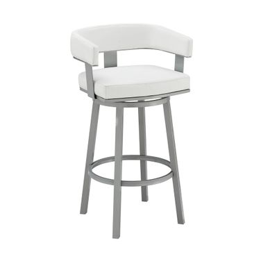 Lorin 30 Inch Bar Height Swivel Barstool In Silver Finish with White Faux Leather