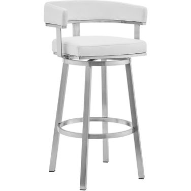 Lorin 30 Inch White Faux Leather and Brushed Stainless Steel Swivel Bar Stool