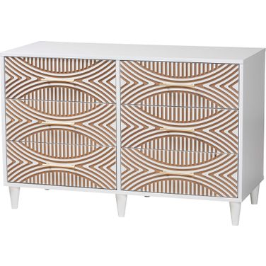 Louetta Carved Contrasting 6 Drawer Dresser In White and Natural Brown
