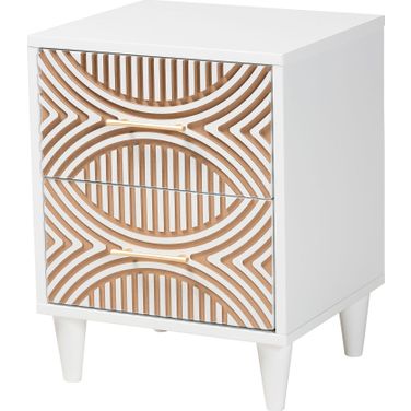 Louetta Caved Contrasting 2 Drawer Nightstand In White and Natural Brown
