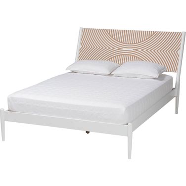 Louetta Queen Platform Bed with Carved Contrasting Headboard In White and Natural Brown
