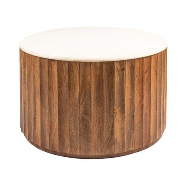 Luca Round Mango Wood Fluted Coffee Table with Marble Top In Black