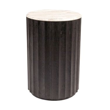 Luca Round Mango Wood Fluted Coffee Table with Marble Top In Walnut