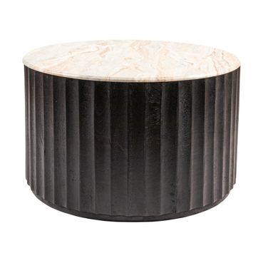 Luca Round Mango Wood Fluted End Table with Marble Top In Black