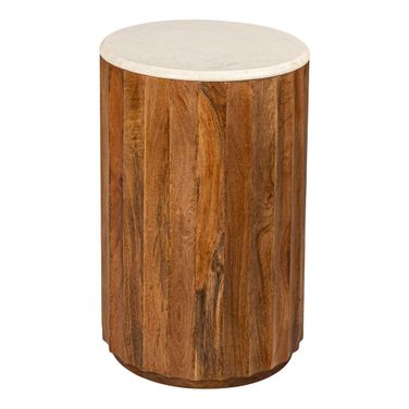 Luca Round Mango Wood Fluted End Table with Marble Top In Walnut