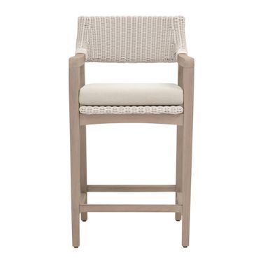 Lucia Outdoor Counter Stool In Pure White Synthetic Wicker Stone and Washed Ever Teak