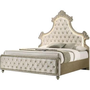Lucienne Eastern King Bed with LED In Beige Velvet