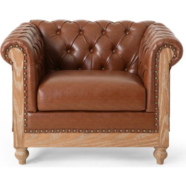 Luminex Tufted Upholstered Club Chair with Nailhead Accents and Scrolled Tuxedo Arms In Light Brown