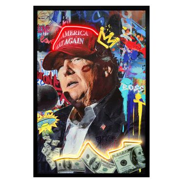 Luminous Neon Portrait with Money Canvas Neon Wall Art In Multi