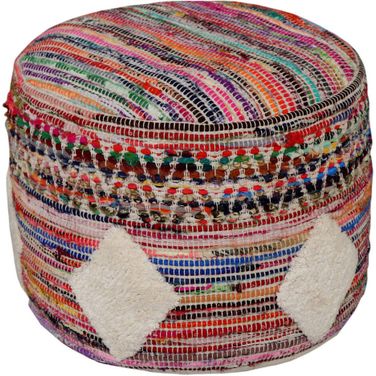 Lunna Geometric Hand-Woven Cotton Blend Ottoman Pouf In White and Multi