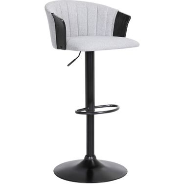Lydia Adjustable Black Wood Bar Stool In Light Gray Fabric with Black Metal
