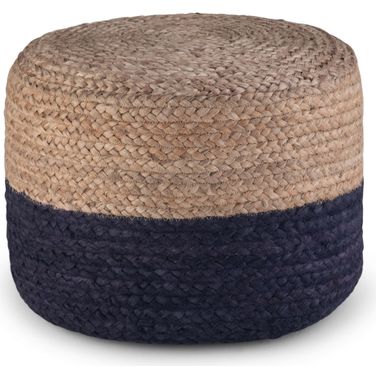 Lydia Braided Jute Round Pouf In Navy and Natural