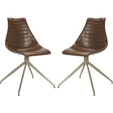 Lynette Light Brown and Brass Midcentury Modern Leather Swivel Dining Chair Set of 2