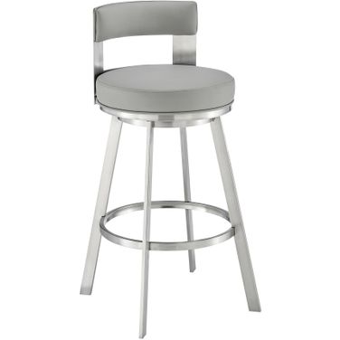 Lynof Swivel Bar Stool In Brushed Stainless Steel with Light Gray Faux Leather